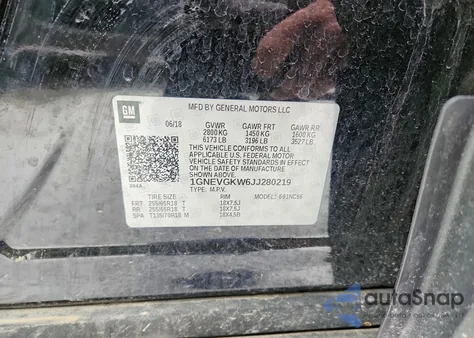 2018 Chevrolet Traverse Lt z USA, uszkodzony, nr VIN 1GNEVGKW6JJ280219